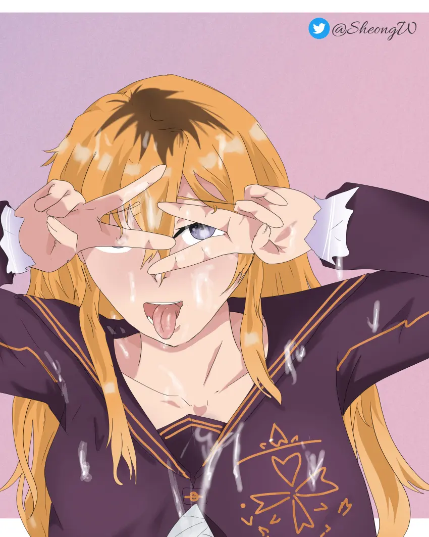 Image breasts,female,blue_eyes,cum,cum_on_face,tongue,orange_hair,school_uniform,cum_on_body,peace_sign,date_a_live,sheong_wong,date_a_live:_date_a_bullet,aiai_nogi,nogi_aiai