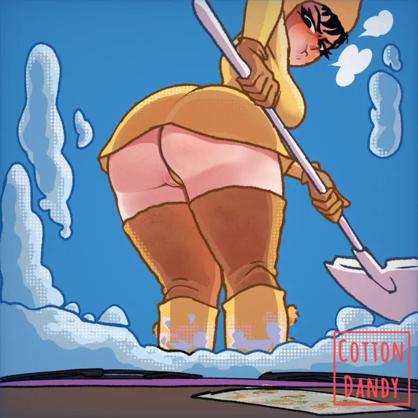 Image blush,female,looking_at_viewer,pussy,panties,ass,pussy_peek,ass_focus,angry,snow,pantyshot,winter_clothes,jucika