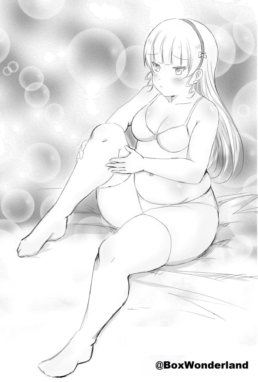 Image 1girls,blush,female,long_hair,blunt_bangs,navel,thighhighs,bra,panties,underwear,thick_thighs,thighs,embarrassed,belly,cleavage,headband,thick,sitting,monochrome,love_live!,knee_up,plump,alternate_body_type,source_request,box_wonderland,heanna_sumire,love_live!_superstar!!