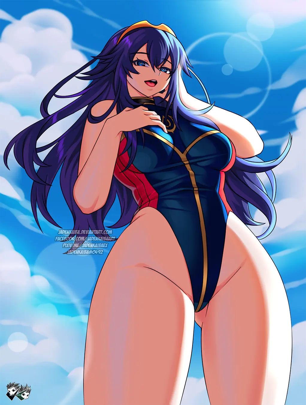 Image 1girls,breasts,female,female_only,long_hair,looking_at_viewer,open_mouth,smile,solo,very_long_hair,blue_eyes,blue_hair,symbol-shaped_pupils,thick_thighs,thighs,jadenkaiba,wide_hips,bare_thighs,ass_visible_through_thighs,medium_breasts,one-piece_swimsuit,swimsuit,looking_down,nintendo,outdoors,alternate_costume,from_below,blue_swimsuit,fire_emblem,fire_emblem_awakening,lucina_(fire_emblem),blue_one-piece_swimsuit,hand_on_own_chest,adapted_costume,fire_emblem_cipher,hand_on_own_face