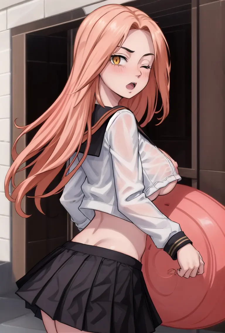 Image breasts,female,large_breasts,long_hair,looking_at_viewer,open_shirt,on_back,looking_back,ai_generated,orange_hair,school_uniform,bed,outdoors,undressing,suggestive,tokyo_revengers,yuzuha_shiba