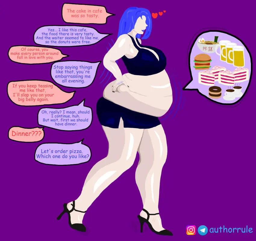 Image 1girls,female,female_only,simple_background,smile,blue_hair,wide_hips,watermark,big_belly,fat_ass,text,original_character,curvy,curvy_female,curvy_figure,medium_hair,miniskirt,high_heels,thick_lips,chubby,chubby_female,hearts_around_head,teasing,femdom,taller_girl,fat_female,overweight,overweight_female,fat_fetish,crop_top,bisexual,bisexual_female,no_eyes,bbw,taller_female,talking_to_another,big_tummy,strongfat,feederism,jiggling,hips_wider_than_shoulders,author_rule,chubby_girl,fatty,hungry,no_face,sporty