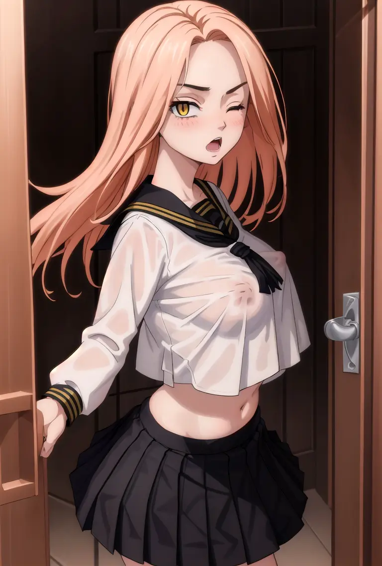 Image breasts,female,large_breasts,long_hair,looking_at_viewer,ai_generated,orange_hair,school_uniform,angry,nipple_bulge,open_door,crop_top,tokyo_revengers,yuzuha_shiba,hard_nipples,opening_door