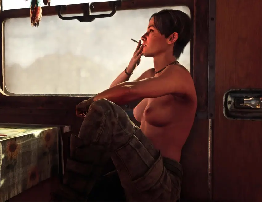 Image 1girls,female,female_only,solo,short_hair,solo_female,brown_hair,3d,topless,topless_female,cigarette,smoking,train,jimpony,anna_miller_(metro),metro_(series),metro_2033,metro_exodus