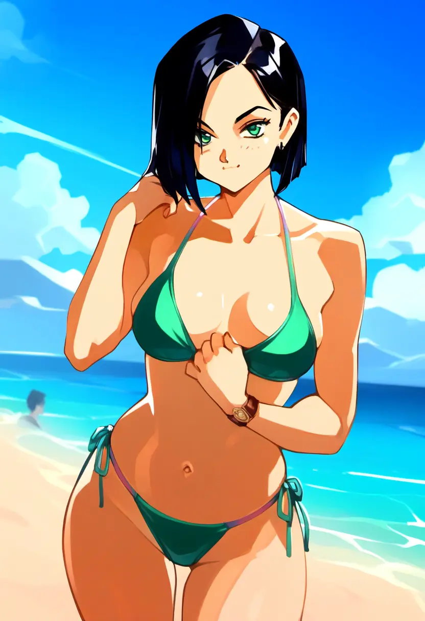 Image 1girls,female,solo,black_hair,navel,short_hair,bikini,milf,beach,ai_generated,solo_focus,green_eyes,pose,outdoors,stomach,valorant,niezero,viper_(valorant)