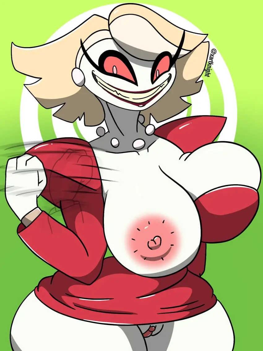 Image 1girls,breasts,breasts_out,clothing,female,looking_at_viewer,nipples,red_eyes,smile,solo,pussy,short_hair,earrings,white_skin,blonde_hair,demon,necklace,2019,demon_girl,red_lipstick,erect_nipples,green_background,commission,hazbin_hotel,vivienne_medrano,xartknight,handjob_gesture,katie_killjoy,wrong_hand