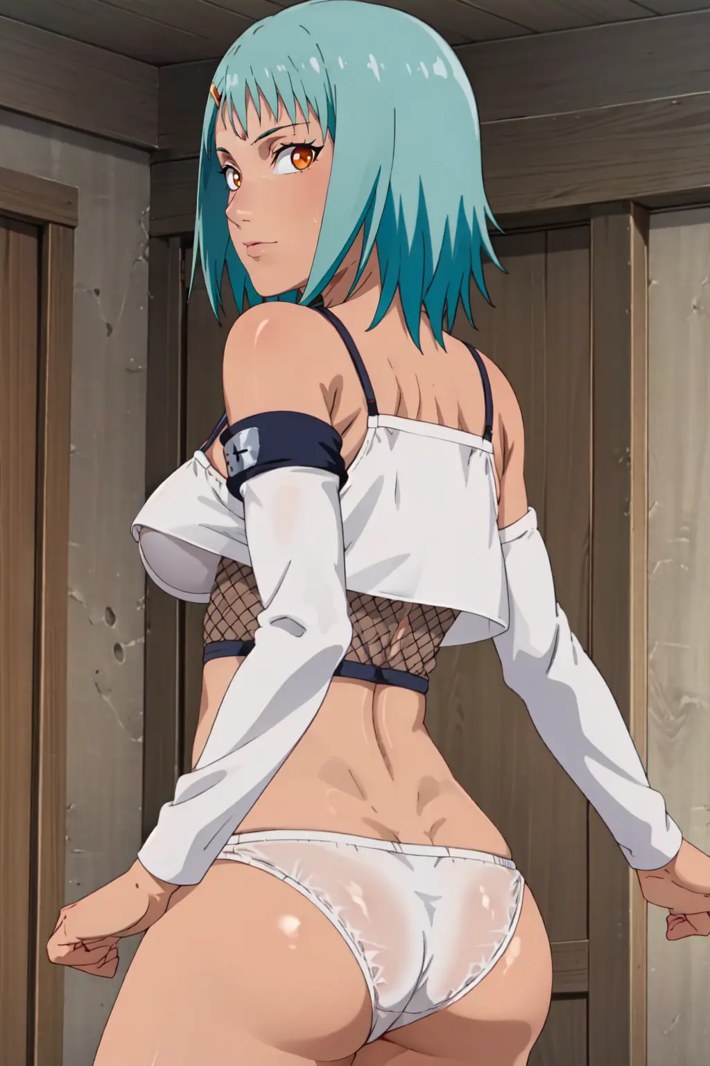 Image 1girls,female,female_only,human,solo,standing,panties,looking_back,ai_generated,dark-skinned_female,naruto,naruto_(series),naruto_shippuden,topwear,ass_visible_through_clothes,fuu_(naruto)