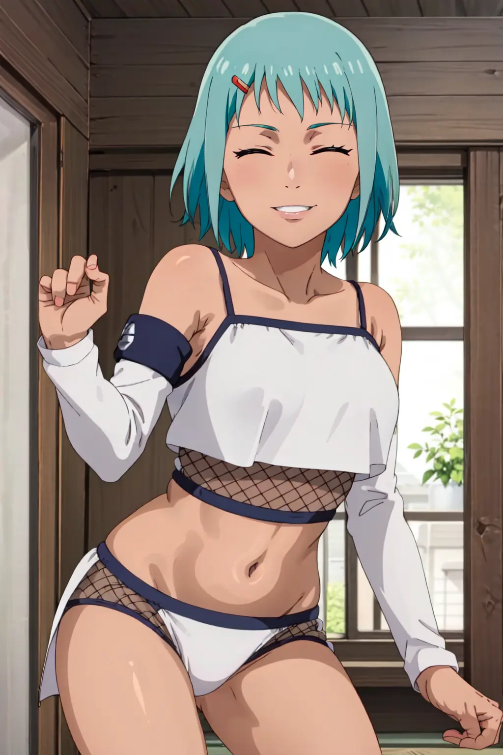 Image 1girls,female,female_only,human,solo,standing,panties,smiling,ai_generated,closed_eyes,dark-skinned_female,naruto,naruto_(series),naruto_shippuden,topwear,fuu_(naruto),armwarmers