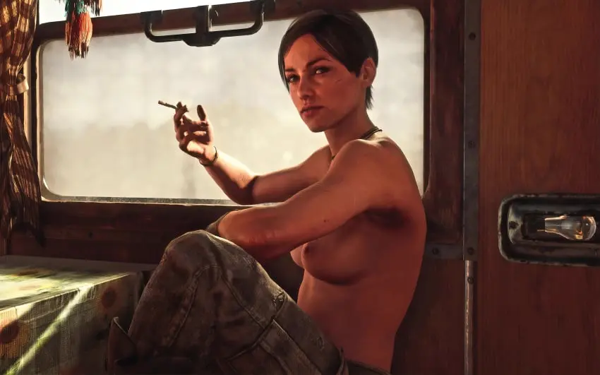 Image 1girls,female,brown_hair,3d,topless,topless_female,cigarette,jimpony,anna_miller_(metro),metro_(series),metro_exodus
