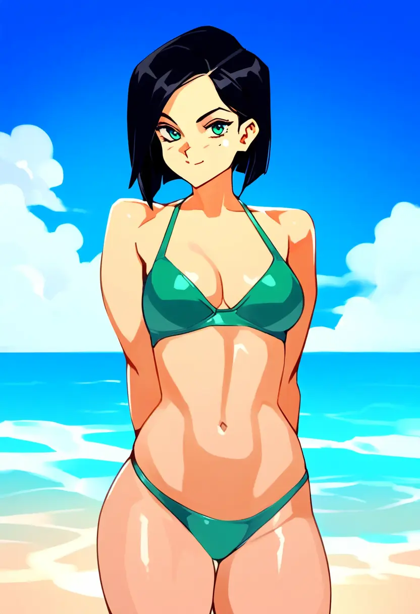Image navel,short_hair,bikini,beach,water,ai_generated,green_eyes,pose,outdoors,stomach,valorant,arms_behind_back,viper_(valorant)
