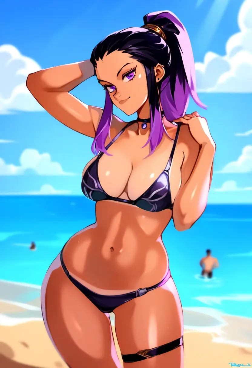 Image 1girls,breasts,female,large_breasts,solo,black_hair,navel,bikini,thick_thighs,multicolored_hair,beach,water,sky,ai_generated,tan_skin,solo_focus,tan_body,purple_eyes,pose,purple_hair,outdoors,toned,valorant,reyna_(valorant),niezero