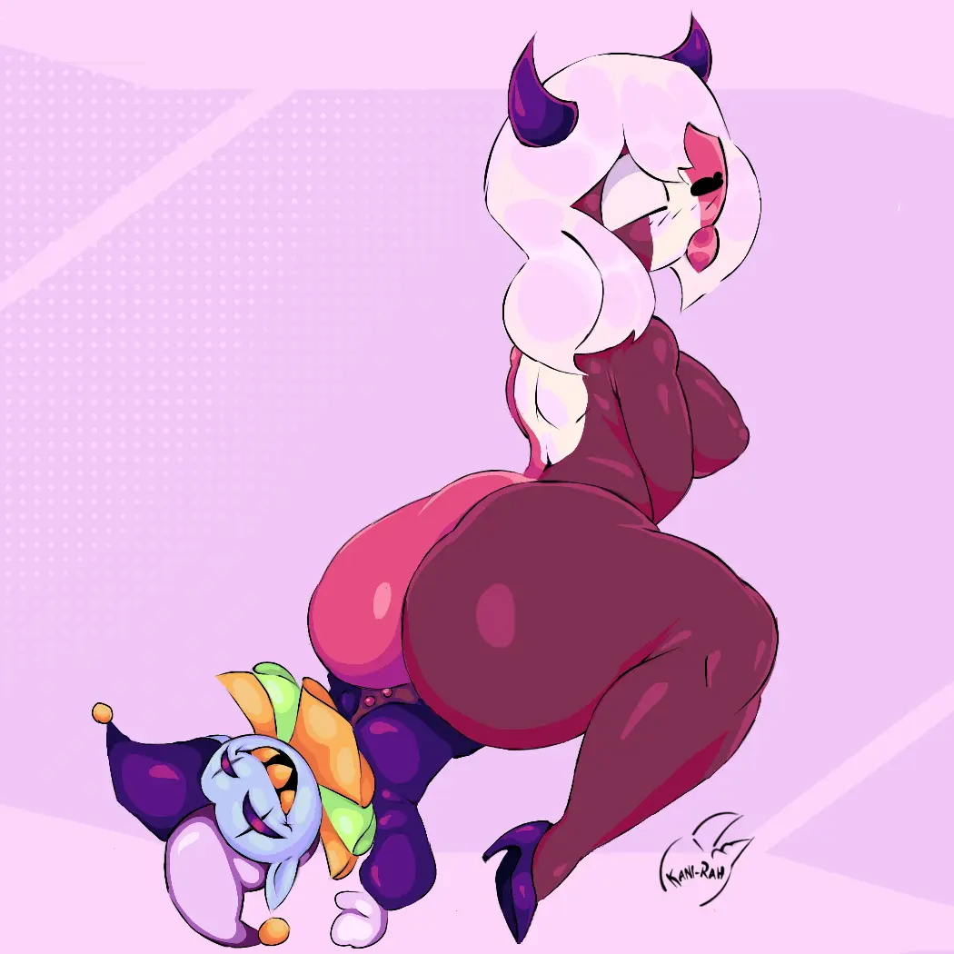 Image blush,female,male,ass,big_ass,size_difference,reverse_cowgirl_position,couple,happy_sex,demon_horns,heels,high_heels,multicolored_body,naked_female,smaller_male,big_female,larger_female,deltarune,succubus,friday_night_funkin,friday_night_funkin_mod,imp,taller_female,winking,shorter_male,jester,jevil_(deltarune),kani_rah,lovers,mid-fight_masses,sarvente_(dokki.doodlez),yellow_teeth