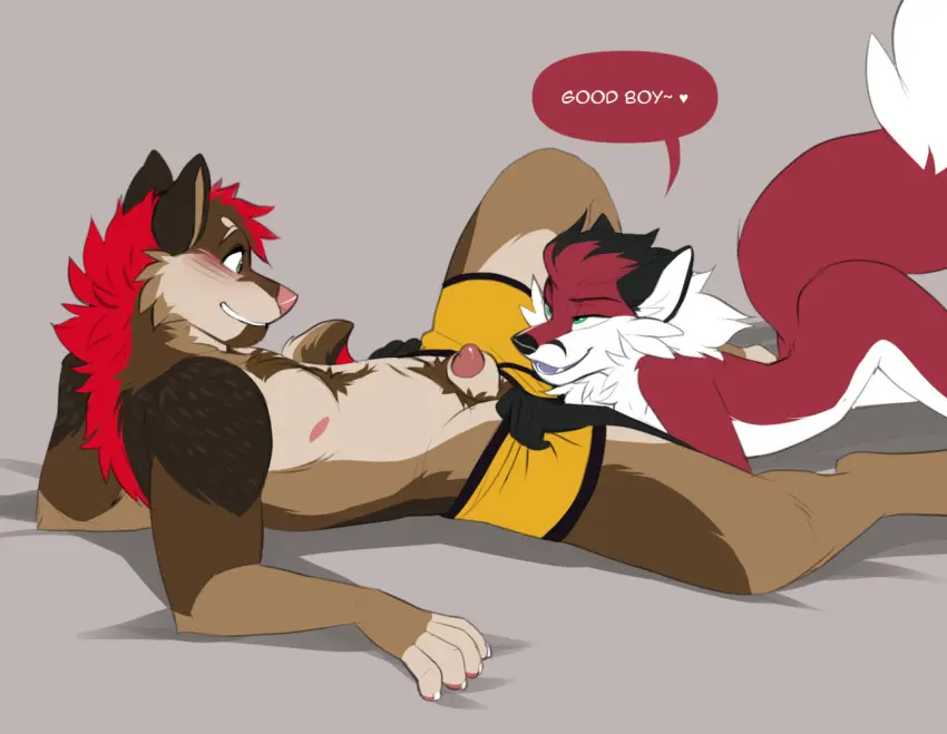Image blush,clothing,male,penis,lying,on_back,underwear,duo,male/male,side_view,anthro,on_side,canid,canine,canis,domestic_dog,genitals,mammal,looking_at_another,eye_contact,animal_genitalia,fox,sheath,penis_tip,shiba_inu,spitz,imminent_oral,clothing_pull,underwear_pull,akita,akita_inu,jailbird,zoru