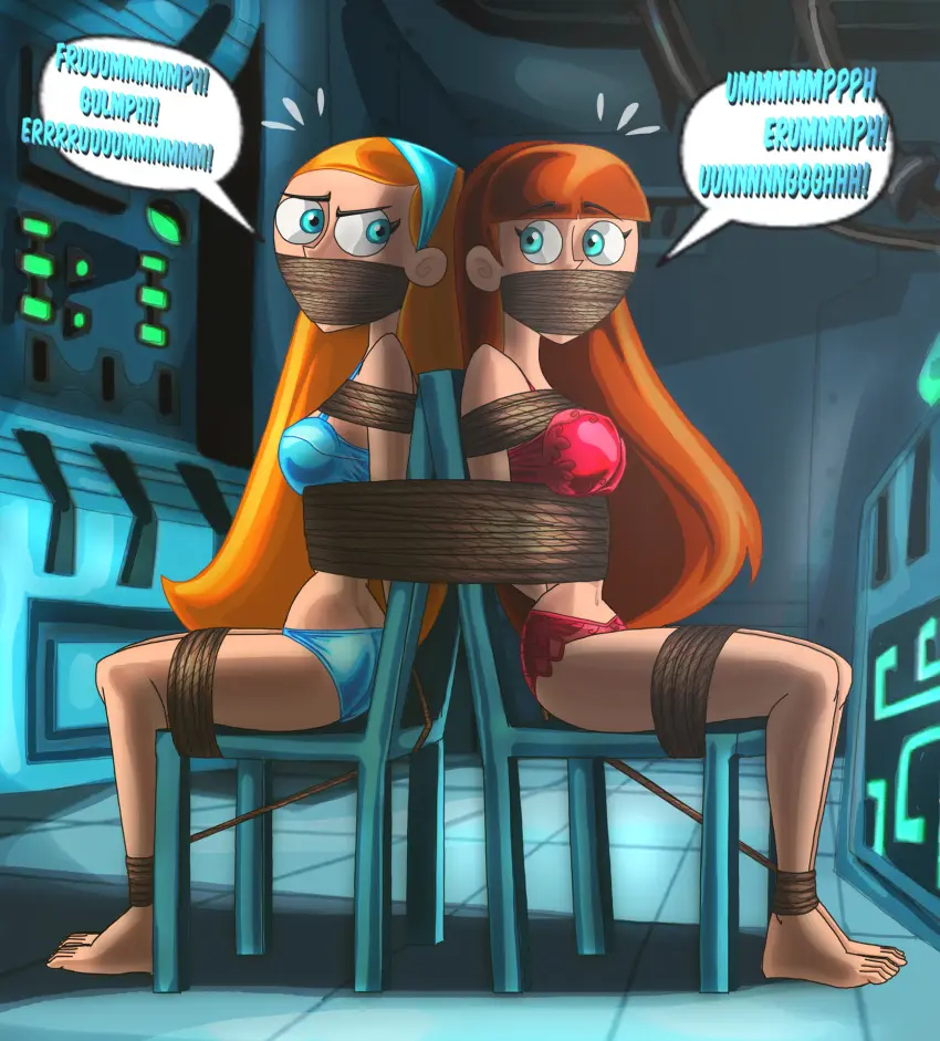 Image female,2girls,blue_eyes,bra,panties,underwear,barefoot,ponytail,feet,original_character,bondage,tied,tied_up,gag,gagged,tied_to_chair,rope,rope_bondage,nickelodeon,pointy_chin,danny_phantom,erikson1,handband,jazz_fenton,mouth_covered,no_blindfold,no_nudity,rope_gag