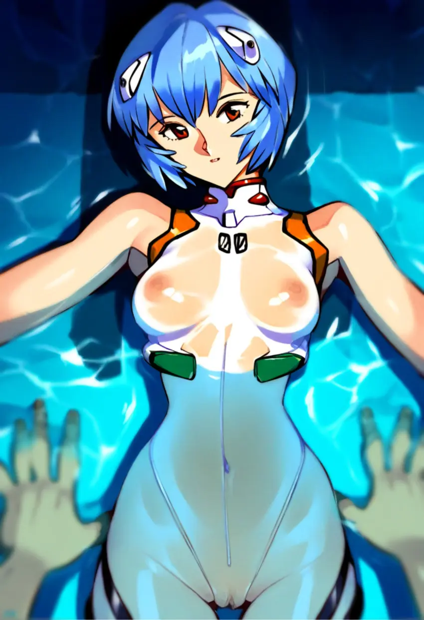 Image 1girls,breasts,female,looking_at_viewer,nipples,red_eyes,solo,1boy,blue_hair,male,navel,pussy,short_hair,water,ai_generated,solo_focus,medium_breasts,pov,see-through,pool,see-through_clothing,rei_ayanami,plugsuit,see_through