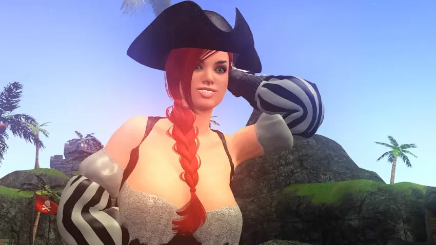 Image hand_on_head,red_hair,hands_behind_head,green_eyes,palm_tree,pirate,inden-ial,pirate_girl,island,red_sonja