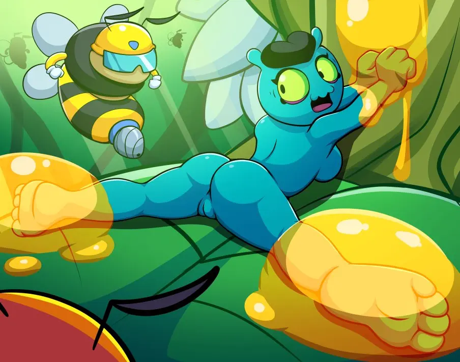 Image breasts,female,open_mouth,nude,pussy,anus,genitals,arthropod,insects,green_body,brawl_stars,alien,food,supercell_(company),bee,leaf,hymenopteran,green_sclera,eve_(brawl_stars),roxley,roxley-d,honey_(food)