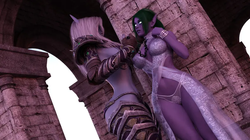 Image big_breasts,breasts,female,2girls,pussy,voluptuous,wide_hips,purple_skin,blonde_hair,voluptuous_female,night_elf,warcraft,world_of_warcraft,3d,green_hair,collar,yuri,leash,chains,blizzard_entertainment,blue_skin,undead,tyrande_whisperwind,ditzydoesdigital,forsaken,sylvanas_windrunner,undead_(warcraft)