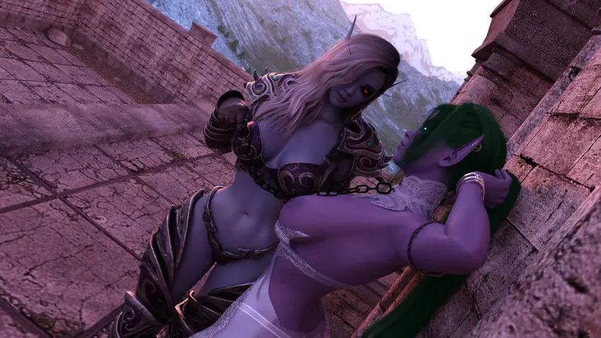 Image big_breasts,breasts,female,2girls,pussy,voluptuous,wide_hips,purple_skin,blonde_hair,voluptuous_female,night_elf,warcraft,world_of_warcraft,3d,green_hair,collar,yuri,leash,chains,blizzard_entertainment,blue_skin,undead,tyrande_whisperwind,ditzydoesdigital,forsaken,sylvanas_windrunner,undead_(warcraft)