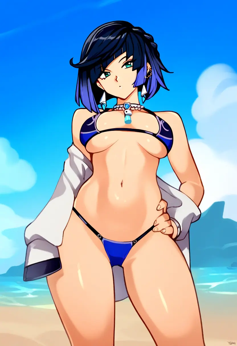 Image 1girls,breasts,female,large_breasts,solo,black_hair,blue_eyes,blue_hair,navel,short_hair,bikini,multicolored_hair,beach,ai_generated,solo_focus,genshin_impact,outdoors,emotionless,emotionless_female,indifferent,unamused,unaware,niezero,yelan_(genshin_impact)