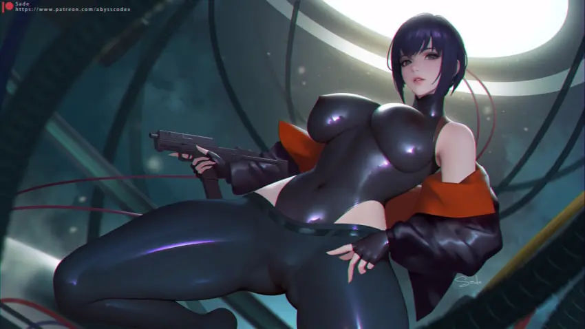 Image breasts,female,large_breasts,looking_at_viewer,solo,thighs,wide_hips,purple_hair,medium_hair,latex,covered_navel,bodysuit,bodystocking,skin_tight,latex_bodysuit,ghost_in_the_shell,kusanagi_motoko,ghost_in_the_shell_stand_alone_complex,sade_abyss