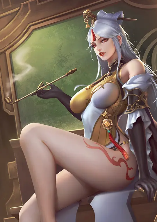 Image breasts,female,hair_ornament,large_breasts,long_hair,looking_at_viewer,red_eyes,solo,very_long_hair,white_hair,black_gloves,elbow_gloves,gloves,thighs,bare_shoulders,tattoo,sitting,dress,detached_sleeves,genshin_impact,white_dress,holding,leg_tattoo,makeup,lipstick,hair_stick,tassel,smoke,red_lips,yellow_dress,side_slit,hair_rings,smoking_pipe,sade_abyss,claw_ring,holding_smoking_pipe,kiseru,ningguang_(genshin_impact)