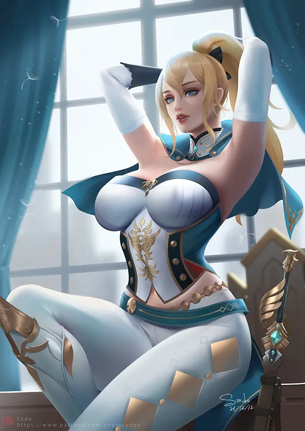 Image bow,female,hairbow,looking_at_viewer,solo,blue_eyes,elbow_gloves,gloves,navel,choker,ponytail,armpits,midriff,blonde_hair,parted_lips,sitting,lips,genshin_impact,indoors,capelet,window,corset,weapon,table,chair,sword,variant_set,jean_gunnhildr,variant,sade_abyss,favonius_sword_(genshin_impact)
