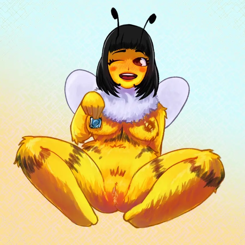 Image female,black_hair,pussy,furry,thick_thighs,barefoot,feet,vagina,wings,spread_legs,spreading,wink,winking_at_viewer,dark_hair,condom,yellow_body,yellow_fur,black_eyes,insects,bee,antennae_(anatomy),antennae,trabejita