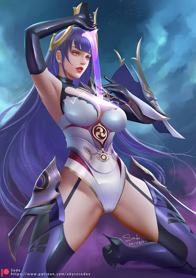 Image breasts,female,large_breasts,long_hair,solo,black_gloves,blunt_bangs,elbow_gloves,gloves,thighhighs,yellow_eyes,thighs,patreon_username,armpits,artist_name,gold_trim,ass_visible_through_thighs,parted_lips,genshin_impact,purple_hair,high_heels,knee_up,legs_apart,dated,arm_up,raiden_shogun,between_breasts,paid_reward_available,black_footwear,chinese_commentary,red_lips,looking_afar,purple_thighhighs,center_opening,sade_abyss,human_scabbard,on_one_knee,raiden_shogun_(magatsu_mitake_narukami_no_mikoto)