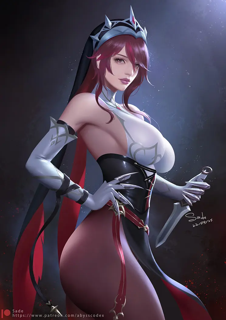 Image breasts,cowboy_shot,female,hair_ornament,large_breasts,long_hair,looking_at_viewer,parted_bangs,red_eyes,simple_background,solo,elbow_gloves,gloves,red_hair,thighs,artist_name,bare_shoulders,eyelashes,gold_trim,sideboob,gradient_background,dress,genshin_impact,hand_on_own_hip,claws,closed_mouth,white_gloves,black_dress,holding,dated,signature,holding_weapon,weapon,pantyhose,chinese_commentary,nun,red_lips,black_pantyhose,web_address,veil,knife,dagger,habit,sade_abyss,holding_dagger,holding_knife,light_particles,red_pantyhose,rosaria_(genshin_impact)