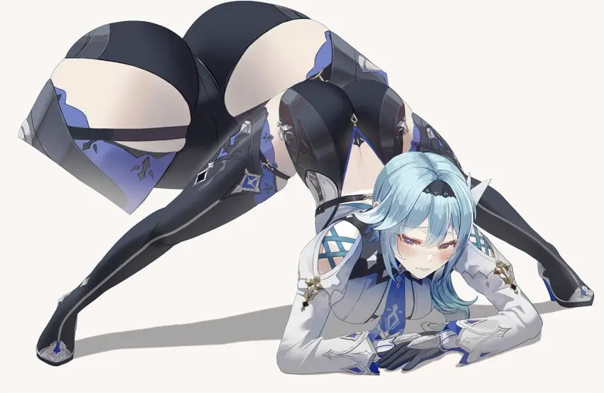 Image blush,brown_eyes,female,long_hair,shirt,simple_background,solo,white_background,black_gloves,blue_hair,gloves,ass,spread_legs,genshin_impact,top-down_bottom-up,high_heels,white_shirt,frown,legs_apart,full_body,boots,flexible,eula_(genshin_impact),jack-o_pose,crotch,thigh_boots,rdy,arm_rest,jack-o'_challenge,medium_res,wide_spread_legs