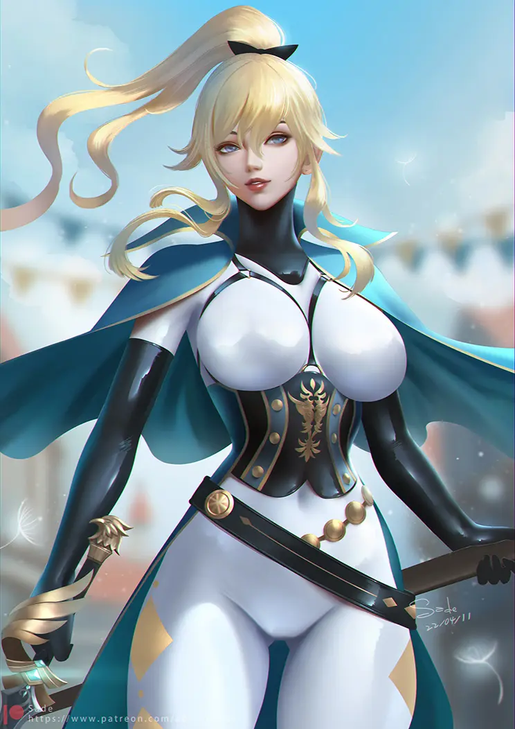 Image breasts,female,female_only,large_breasts,looking_at_viewer,smile,solo,black_gloves,elbow_gloves,gloves,ponytail,blonde_hair,green_eyes,hair_ribbon,genshin_impact,hair_between_eyes,collar,latex,tight_clothing,ribbon,holding,bodysuit,corset,holding_weapon,weapon,fully_clothed,sword,latex_gloves,jean_gunnhildr,holding_sword,posture_collar,shiny_clothes,cloak,sade_abyss,eyebrows_hidden_by_hair