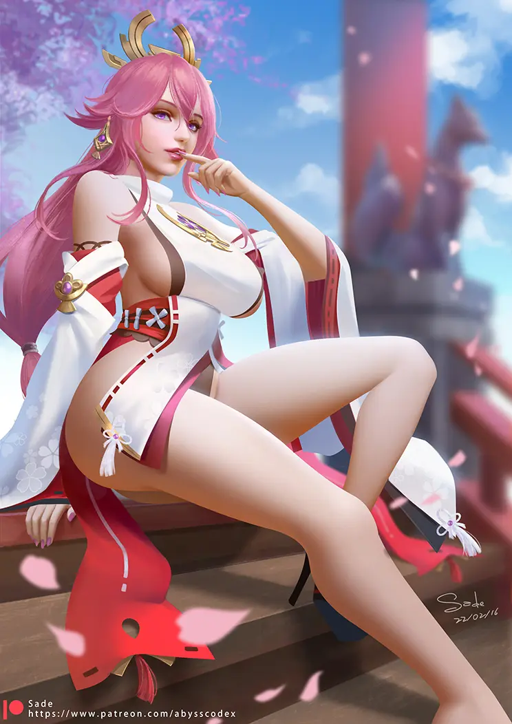 Image breasts,female,long_hair,looking_at_viewer,solo,animal_ears,ass,earrings,jewelry,sideboob,pink_hair,pink_eyes,sitting,genshin_impact,yae_miko,hair_between_eyes,high_heels,fox_ears,fingernails,arm_up,bare_legs,torii,japanese_clothes,stairs,sade_abyss,eyebrows_hidden_by_hair,cherry_blossoms,falling_petals,nontraditional_miko,petals,shrine