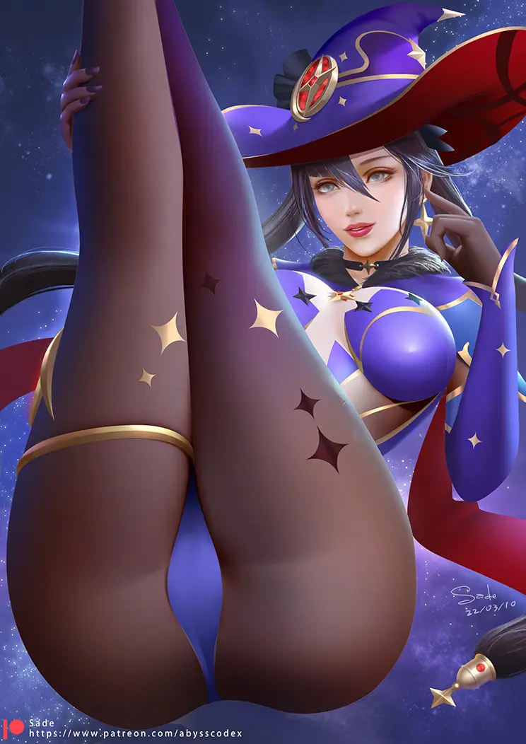Image breasts,female,long_hair,looking_at_viewer,smile,solo,black_gloves,black_hair,elbow_gloves,gloves,panties,underwear,ass,hat,hairband,green_eyes,genshin_impact,black_panties,twintails,legs_up,mona_(genshin_impact),bodysuit,witch_hat,fingernails,pantyhose,variant_set,witch,sade_abyss