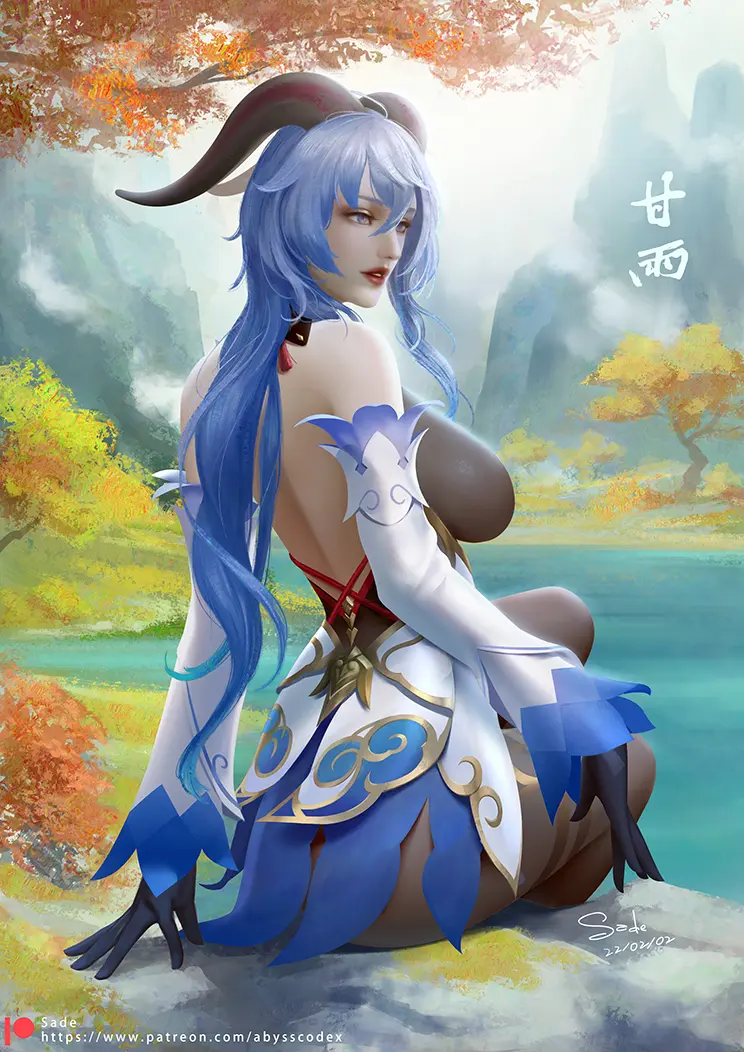 Image breasts,female,long_hair,open_mouth,solo,black_gloves,blue_eyes,blue_hair,gloves,panties,underwear,looking_back,horns,sitting,dress,genshin_impact,back,ganyu_(genshin_impact),black_panties,hair_between_eyes,outdoors,skirt,commentary_request,tree,pantyhose,chinese_commentary,chinese_clothes,lake,bare_back,china_dress,sade_abyss,eyebrows_hidden_by_hair,partial_commentary