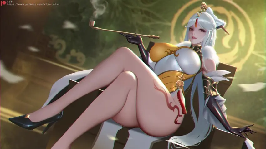 Image breasts,female,female_only,large_breasts,looking_at_viewer,red_eyes,shiny_skin,white_hair,black_gloves,gloves,ass,thighs,tattoo,dress,genshin_impact,sleeveless_dress,high_heels,impossible_clothes,sleeveless,leg_tattoo,topknot,chinese_clothes,red_lips,shiny_clothes,china_dress,side_slit,smoking_pipe,sade_abyss,ningguang_(genshin_impact)