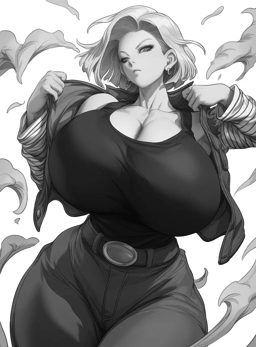 Image 1girls,breasts,female,alternate_color,short_hair,huge_ass,voluptuous,wide_hips,ai_generated,cleavage,gigantic_breasts,stable_diffusion,android_18,dragon_ball,nai_diffusion,artist_request,curvy,alternate_version_available,cameltoe,monochrome,thick_lips,puffy_nipples,erect_nipples,short_hair_female,huge_areolae