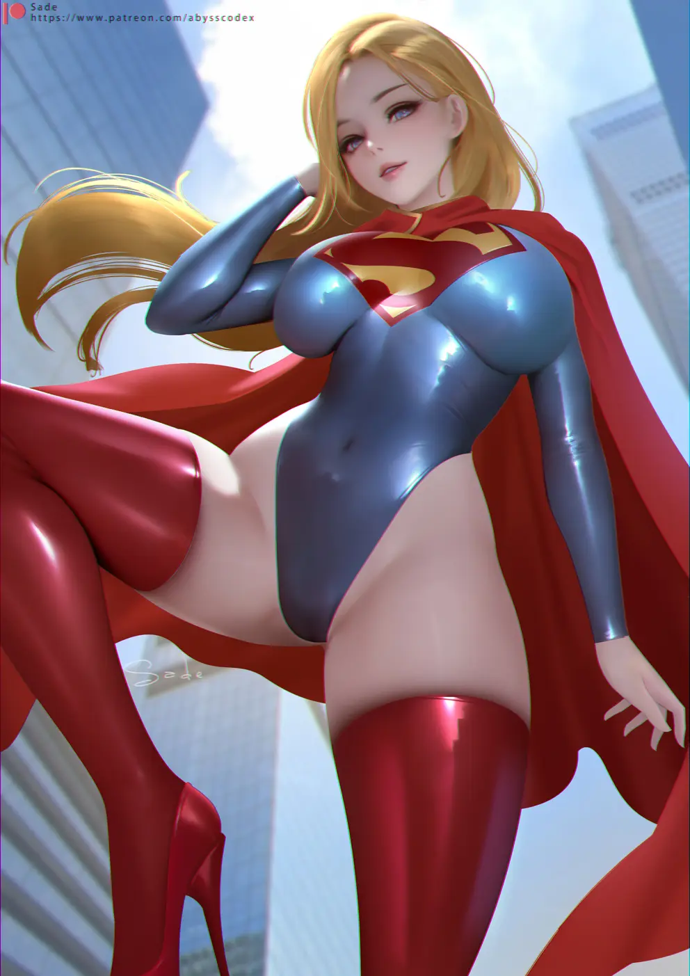 Image breasts,female,female_only,highres,large_breasts,long_sleeves,solo,blue_eyes,thighhighs,blonde_hair,lips,high_heels,tight_clothing,cape,impossible_clothes,commentary_request,feet_out_of_frame,from_below,covered_navel,dc,dc_comics,leotard,highleg,highleg_leotard,fully_clothed,blue_leotard,patreon_logo,chinese_commentary,skin_tight,building,shiny_clothes,very_high_heels,red_cape,supergirl,sade_abyss,bare_hips,red_thighhighs,stiletto_heels