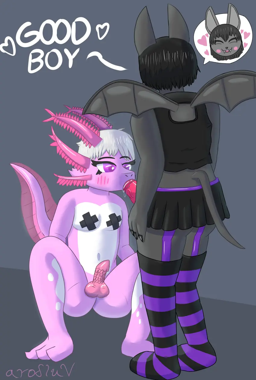 Image clothing,hi_res,shirt,male,oral,penis,tail,duo,femboy,male/male,accessory,wings,anthro,text,absurd_res,penetration,skirt,genitals,mammal,black_body,girly,legwear,oral_penetration,thigh_highs,crouching,marine,white_body,scales,topwear,colored_nails,nails,pink_body,heart_symbol,bottomwear,spots,bat,amphibian,axolotl,kerchief,garter,bandana,arodluv,mole_salamander,salamander