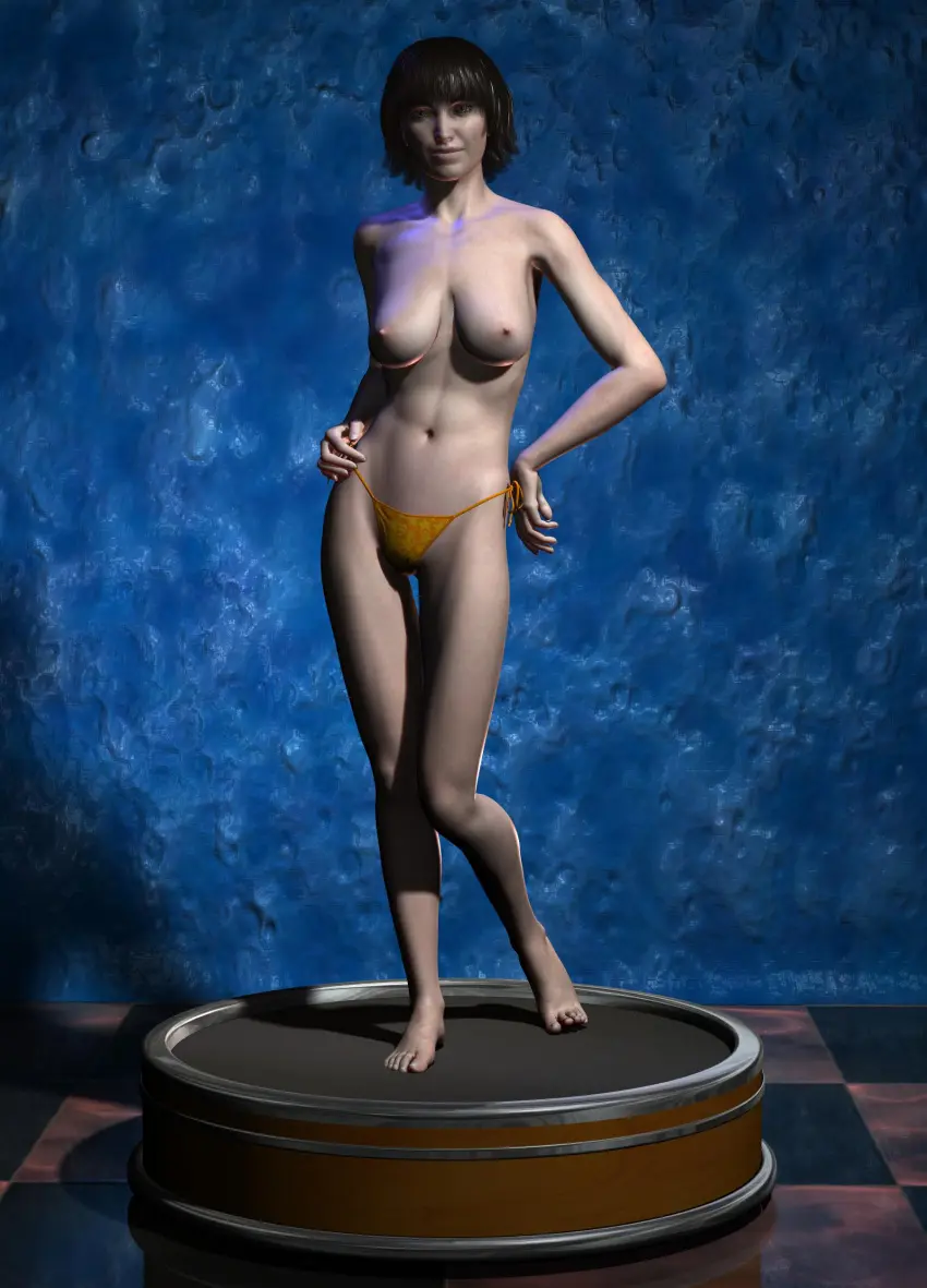 Image 1girls,female,black_hair,short_hair,panties,original,3d,topless,topless_female,yellow_panties,cb1964