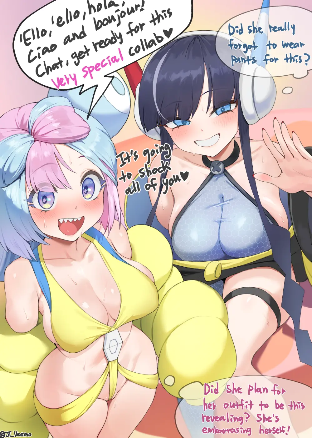 Image breasts,female,light-skinned_female,light_skin,long_hair,2girls,black_hair,blue_eyes,multiple_girls,pokemon,ass,two_tone_hair,huge_breasts,pink_hair,medium_breasts,pink_eyes,nintendo,twintails,sharp_teeth,dialogue,pokemon_sv,pokemon_bw2,elesa_(pokemon),trait_connection,gym_leader,iono_(pokemon),jtveemo,elesa_(pokemon_bw2)
