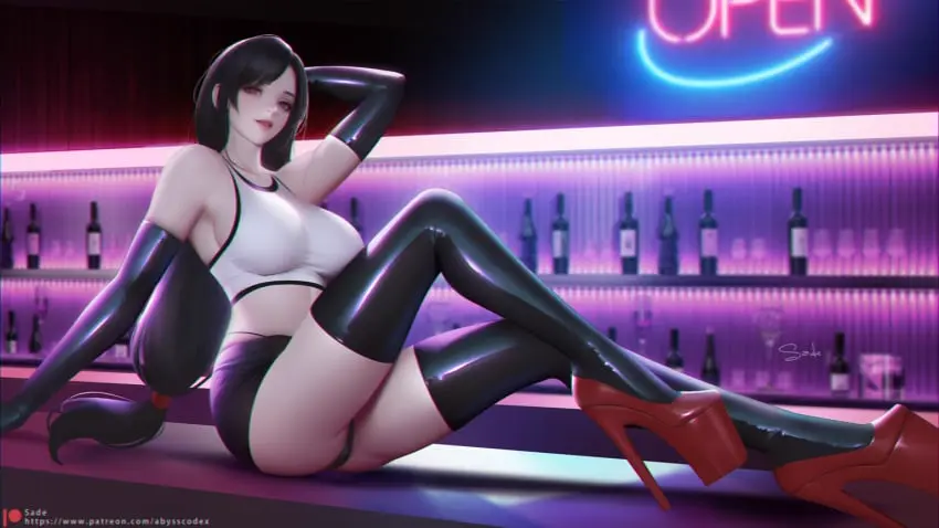Image breasts,female,female_only,large_breasts,long_hair,looking_at_viewer,red_eyes,shirt,black_hair,elbow_gloves,gloves,thighhighs,panties,underwear,ass,thighs,midriff,stockings,skirt,high_heels,platform_heels,tight_clothing,white_shirt,revealing_clothes,final_fantasy,final_fantasy_vii,final_fantasy_vii_remake,tifa_lockhart,fully_clothed,crop_top,alcohol,shiny_clothes,sade_abyss,bar_(place)