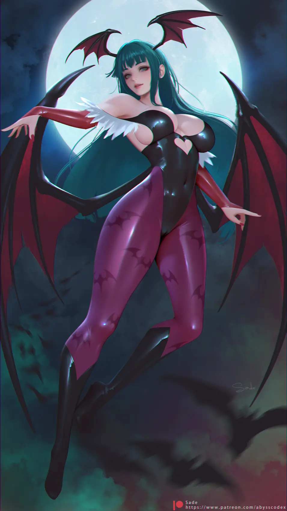 Image 1girls,big_breasts,breasts,female,female_only,highres,large_breasts,long_hair,looking_at_viewer,smile,solo,thick_thighs,sky,bare_shoulders,cleavage,huge_breasts,low_wings,wings,green_eyes,demon_girl,green_hair,full_moon,moon,night,covered_navel,leotard,pantyhose,paid_reward_available,darkstalkers,morrigan_aensland,succubus,animal_print,night_sky,bridal_gauntlets,bat_wings,head_wings,heart_cutout,clothing_cutout,feather_trim,sade_abyss,bat_(animal),huge_moon,vampire_(game),bat_print,print_pantyhose,purple_pantyhose