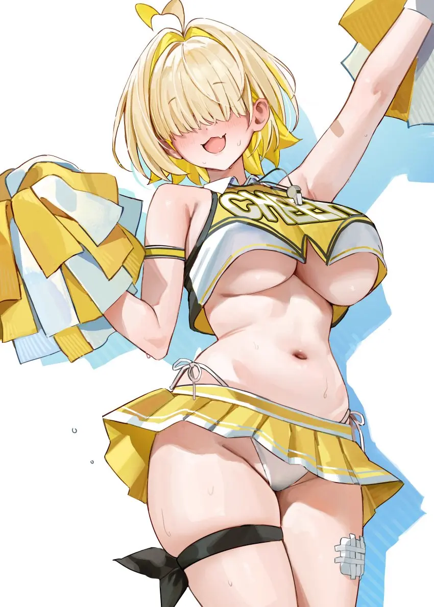 Image 1girls,blush,breasts,female,female_only,large_breasts,open_mouth,white_background,sweat,cute_fang,panties,thick_thighs,belly_button,midriff,underboob,blonde_hair,ahoge,goddess_of_victory:_nikke,oerba_yun_fang,:3,thigh_strap,elegg_(nikke),hair_over_eyes,upskirt,cheerleader,cheerleader_uniform,pom_poms,pantyshot,:3d,fungi_(fungi542/gompang_11)