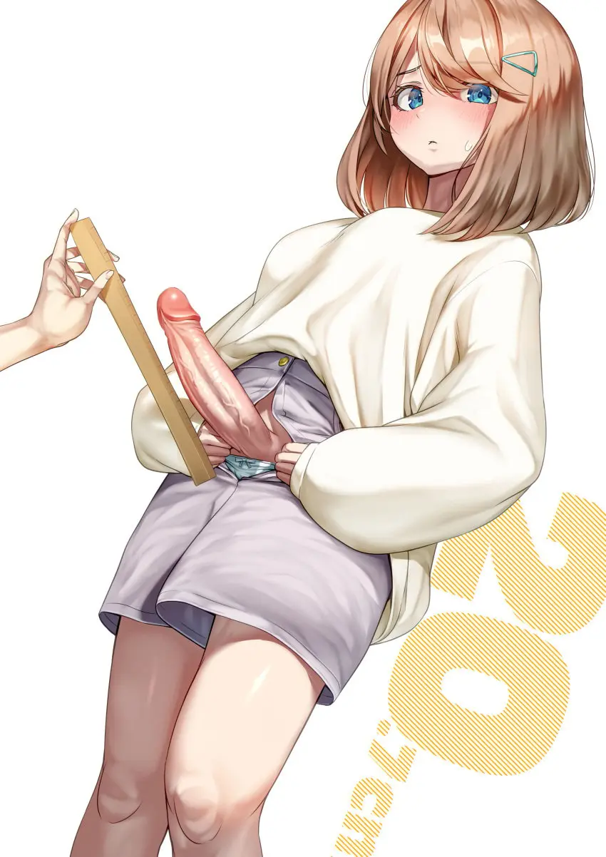 Image breasts,clothed,clothing,human,light_skin,mostly_clothed,standing,penis,short_hair,big_penis,uncensored,1futa,erection,futanari,intersex,light-skinned_futa,solo_focus,text,blonde_hair,original,low-angle_view,futa_focus,bob_cut,futa_sans_balls,measuring,panty_peek,measurements,ayanakitori,decensored,measuring_penis,ruler,open_shorts