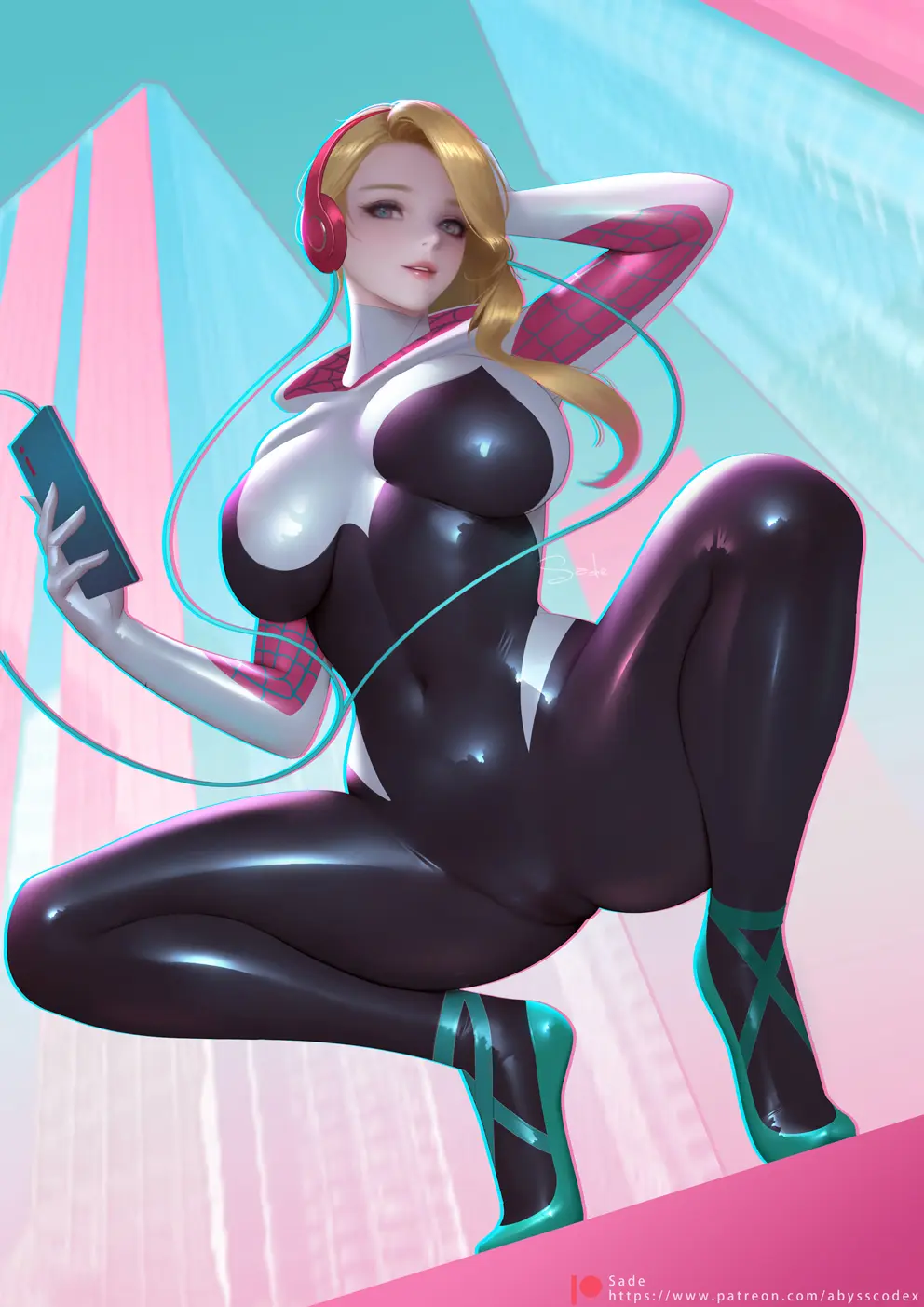 Image breasts,female,female_only,highres,large_breasts,long_hair,looking_at_viewer,smile,solo,blue_eyes,gradient_hair,headphones,multicolored_hair,grin,blonde_hair,spread_legs,cameltoe,latex,impossible_clothes,commentary_request,asymmetrical_hair,squatting,from_below,makeup,covered_navel,lipstick,breasts_apart,bodysuit,hood,swept_bangs,phone,cellphone,smartphone,marvel,marvel_comics,superheroine,m_legs,skin_tight,spider-man_(series),forehead,latex_bodysuit,superhero_costume,superhero,impossible_bodysuit,gwen_stacy,spider-gwen,sade_abyss,hood_down,ballet_slippers,hooded_bodysuit,print_bodysuit,spider_web_print,two-tone_bodysuit,unitard