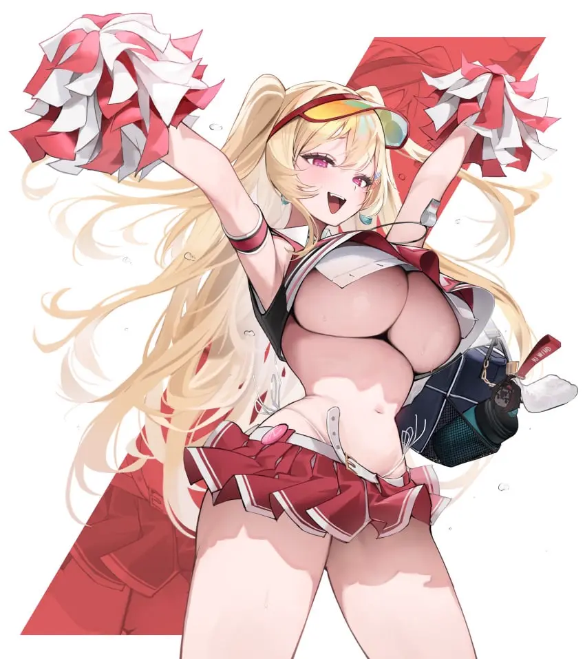 Image 1girls,blush,breasts,female,female_only,large_breasts,long_hair,open_mouth,white_background,heart-shaped_pupils,sweat,midriff,underboob,blonde_hair,pink_eyes,miniskirt,skirt,goddess_of_victory:_nikke,wholesome,cheerleader,cheerleader_uniform,short_skirt,pom_poms,upper_teeth,belt_skirt,belted_skirt,clay_(nikke)