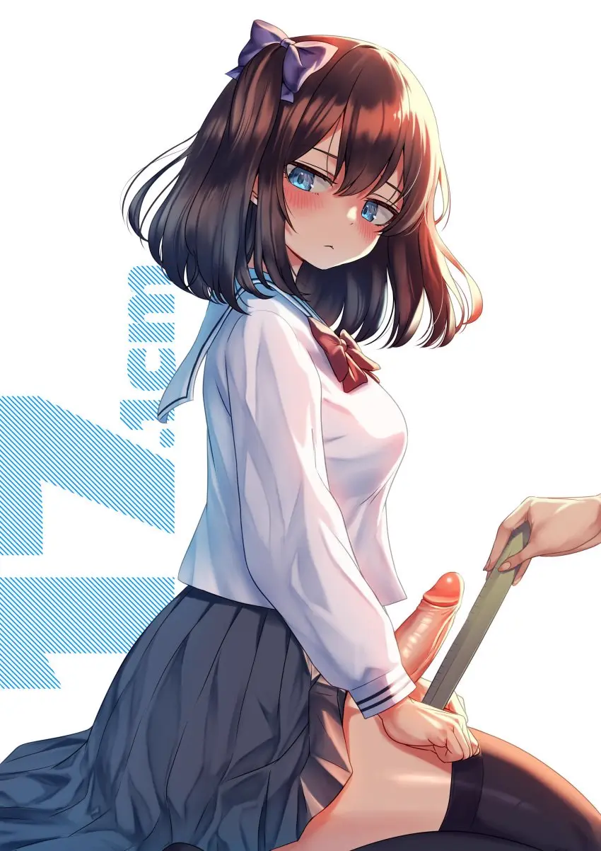 Image big_breasts,breasts,clothed,clothing,hairbow,human,light_skin,mostly_clothed,penis,short_hair,thighhighs,uncensored,1futa,erection,futanari,intersex,kneeling,light-skinned_futa,solo_focus,schoolgirl,original,school_uniform,brown_hair,1other,futa_focus,penis_out,measuring,measurements,ayanakitori,decensored,measuring_penis,ruler
