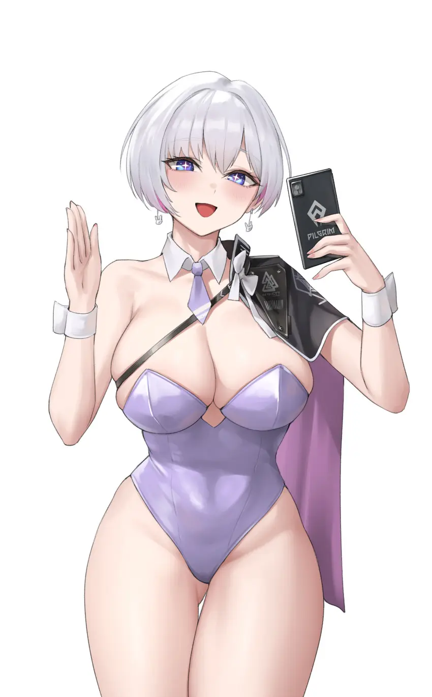 Image 1girls,blush,breasts,female,female_only,open_mouth,white_background,white_hair,blue_eyes,short_hair,thighs,cleavage,detached_collar,selfie,goddess_of_victory:_nikke,bunnysuit,leotard,phone,tie,wrist_cuffs,liliweiss,star_shaped_pupils