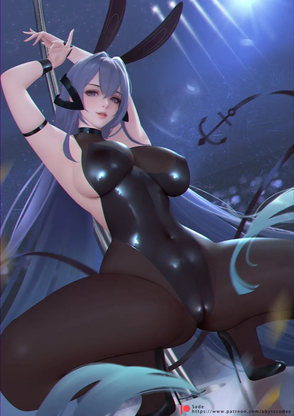 Image 1girls,breasts,female,highres,light-skinned_female,light_skin,long_hair,looking_at_viewer,solo,animal_ears,blue_hair,armpits,arms_up,covered_nipples,spread_legs,purple_eyes,rabbit_ears,high_heels,impossible_clothes,official_alternate_costume,squatting,covered_navel,playboy_bunny,nipples_visible_through_clothing,leotard,?,bodystocking,fake_animal_ears,full_body,azur_lane,eagle_union_(azur_lane),pantyhose,nightclub,stage_lights,black_footwear,skin_tight,stripper_pole,black_leotard,pole,arm_strap,pole_dancing,sade_abyss,stiletto_heels,anchor_ornament,areolae_visible_through_clothing,impossible_leotard,new_jersey_(azur_lane),new_jersey_(exhilarating_steps!)_(azur_lane)